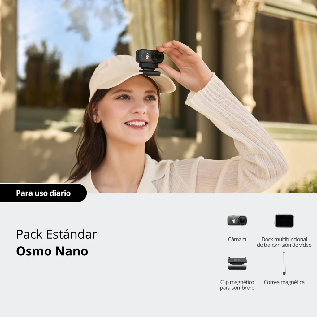 Cámara DJI Osmo Nano Standard 64GB 4K con sensor CMOS, diseño compacto 124 g, doble pantalla frontal y trasera, lente gran angular y controles laterales - Ítem7