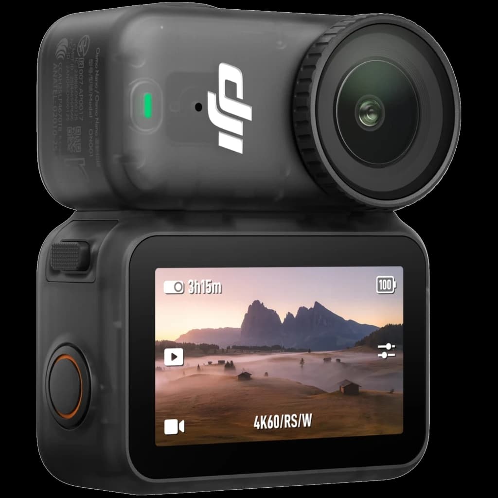 Cámara DJI Osmo Nano Standard 64GB 4K con sensor CMOS, diseño compacto 124 g, doble pantalla frontal y trasera, lente gran angular y controles laterales