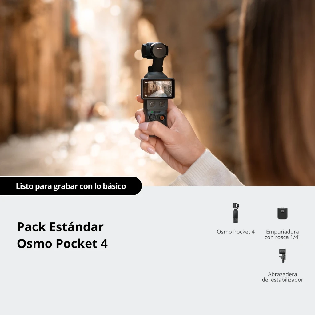 Cámara de bolsillo DJI Osmo Pocket 4 Standard Edition con gimbal 3 ejes, lente grande, pantalla táctil frontal y botón circular; video 4K 120 fps - Ítem5