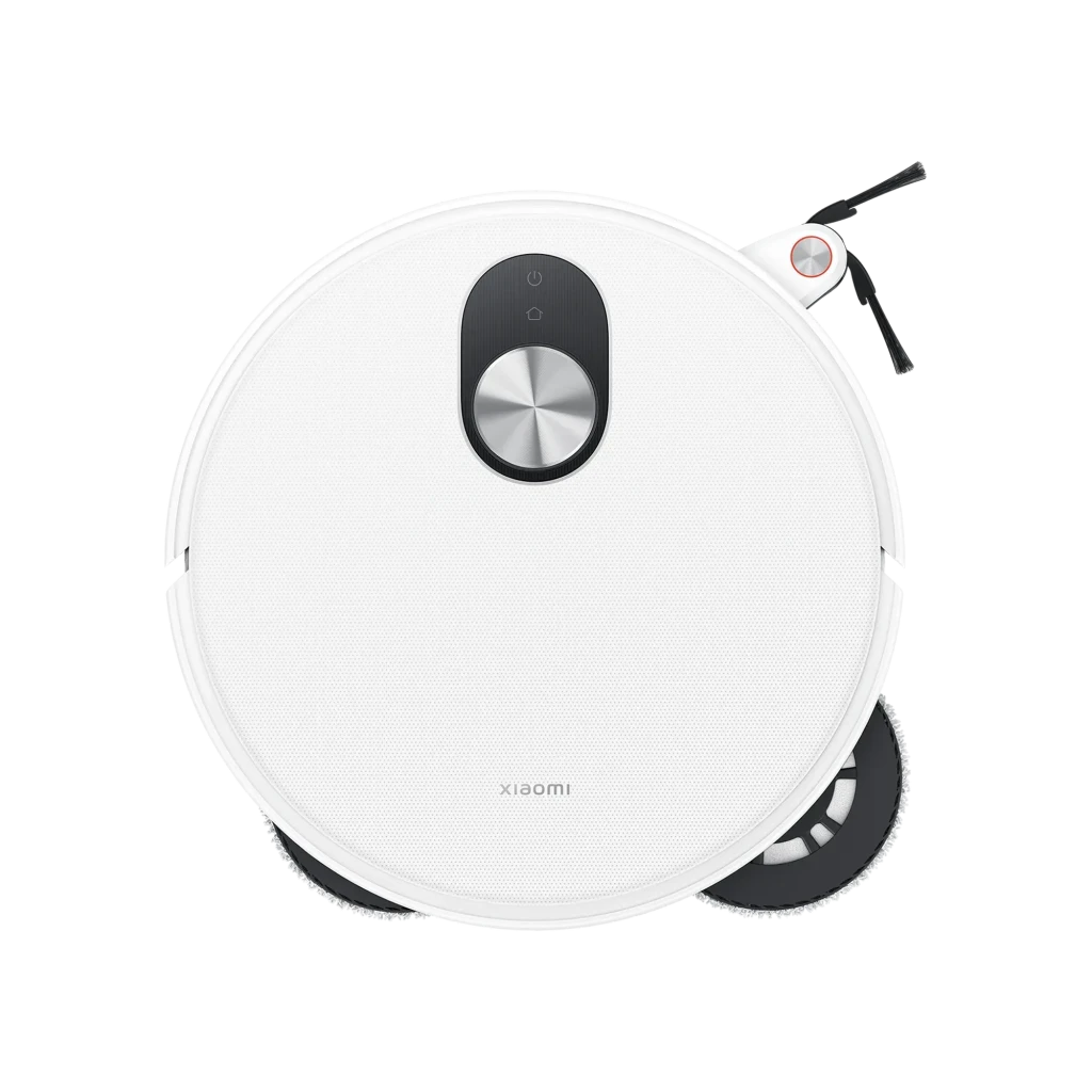 Robô aspirador branco com base Omni elevada; design minimalista, sensor frontal preto, corpo baixo circular e dock vertical para limpeza e esvaziamento - Item5