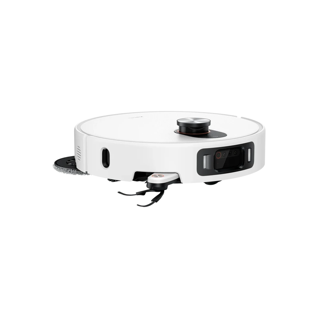 Robô aspirador branco com base Omni elevada; design minimalista, sensor frontal preto, corpo baixo circular e dock vertical para limpeza e esvaziamento - Item4