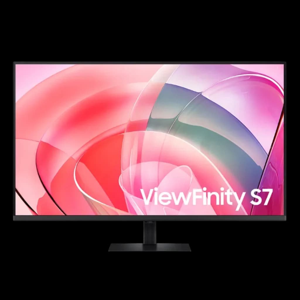 Vista frontal do monitor Samsung ViewFinity S70D de 37" 4K, apresentando um ambiente de trabalho profissional