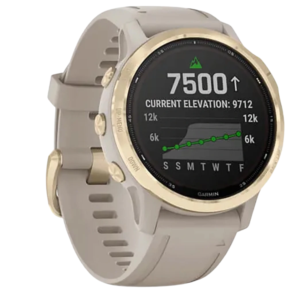 Garmin Fenix 6S Pro Dourado 42 mm renovado premium com moldura dourada, mostrador redondo preto, tela com métricas de corrida e botões laterais texturizados - Item2