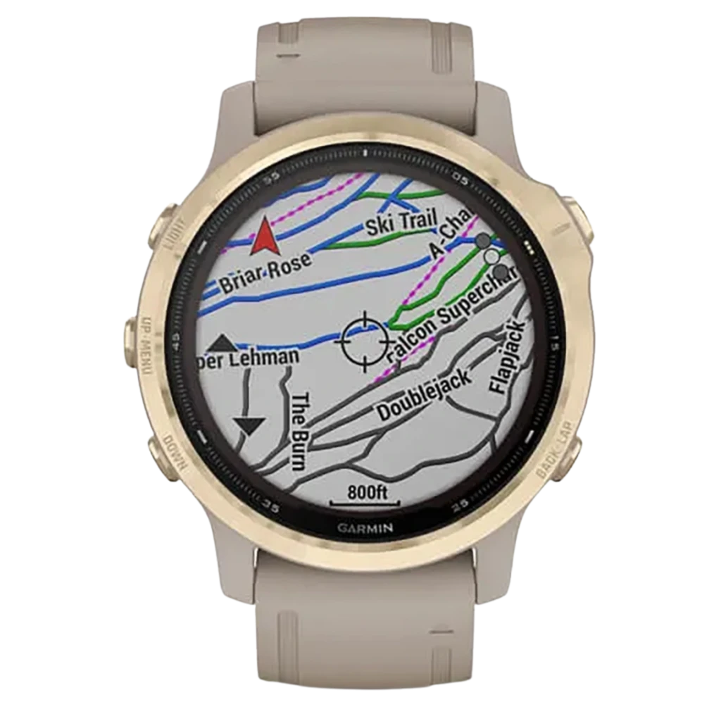 Garmin Fenix 6S Pro Dourado 42 mm renovado premium com moldura dourada, mostrador redondo preto, tela com métricas de corrida e botões laterais texturizados - Item3