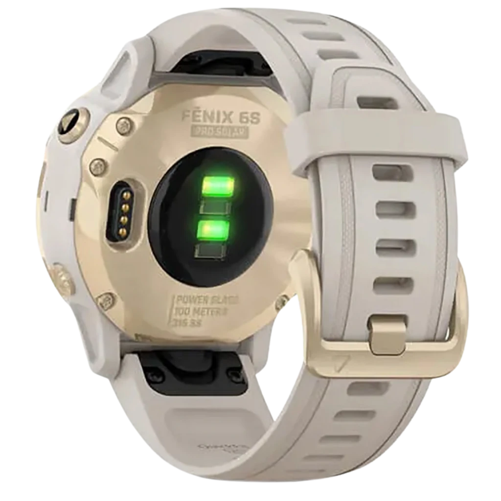 Garmin Fenix 6S Pro Dourado 42 mm renovado premium com moldura dourada, mostrador redondo preto, tela com métricas de corrida e botões laterais texturizados - Item4