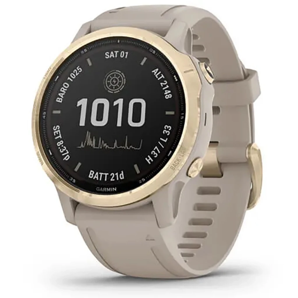 Garmin Fenix 6S Pro Dourado 42 mm renovado premium com moldura dourada, mostrador redondo preto, tela com métricas de corrida e botões laterais texturizados - Item1