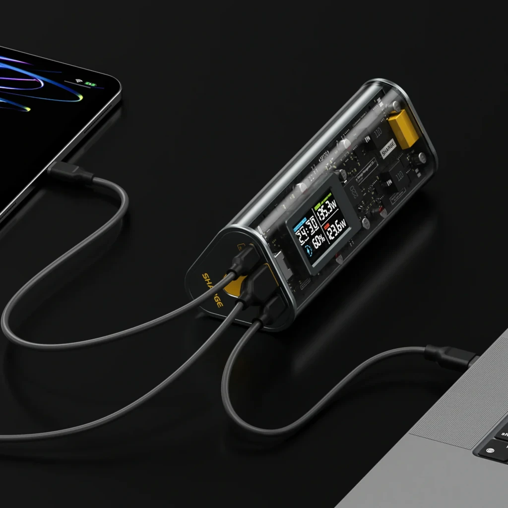 Power bank SHARGE SHARGEEK 170 140 W 24 000 mAh com corpo transparente, ecrã inteligente PD 3.1, portas USB-A e USB-C, design futurista prateado - Item3