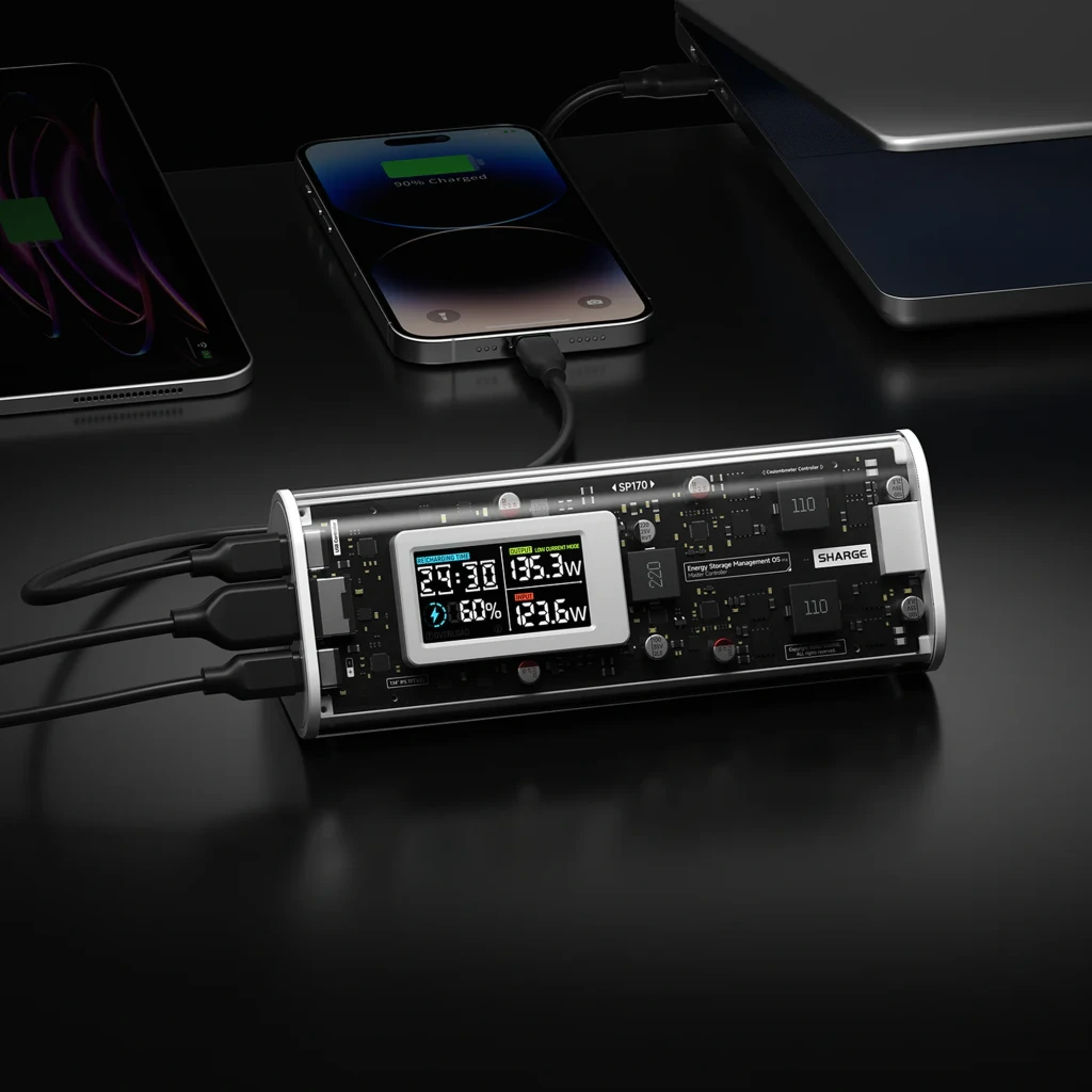 Power bank SHARGE SHARGEEK 170 140 W 24 000 mAh com corpo transparente, ecrã inteligente PD 3.1, portas USB-A e USB-C, design futurista prateado - Item2