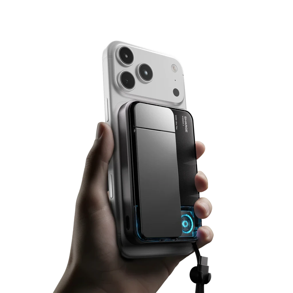 Sharge ICEMAG 3 Qi2 25 W 10 000 mAh com resfriamento ativo, corpo magnético preto, visor transparente do cooler, LEDs de status e alça de pulso elegante - Item2