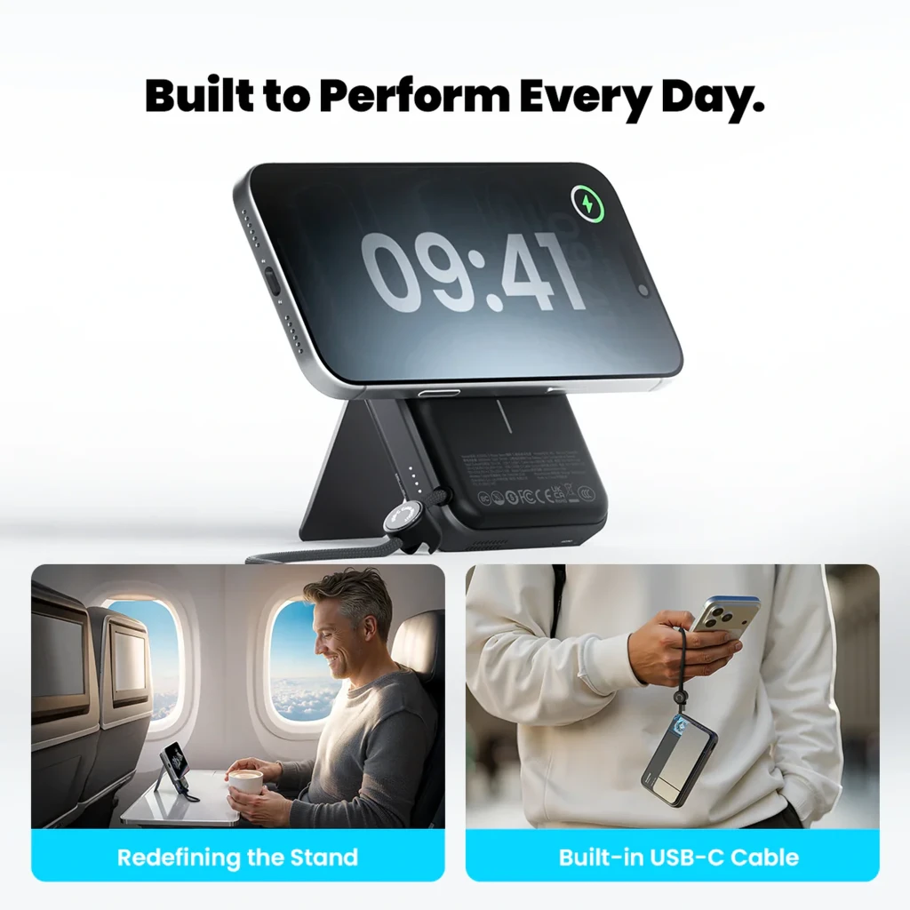 Sharge ICEMAG 3 Qi2 25 W 10 000 mAh com resfriamento ativo, corpo magnético preto, visor transparente do cooler, LEDs de status e alça de pulso elegante - Item8