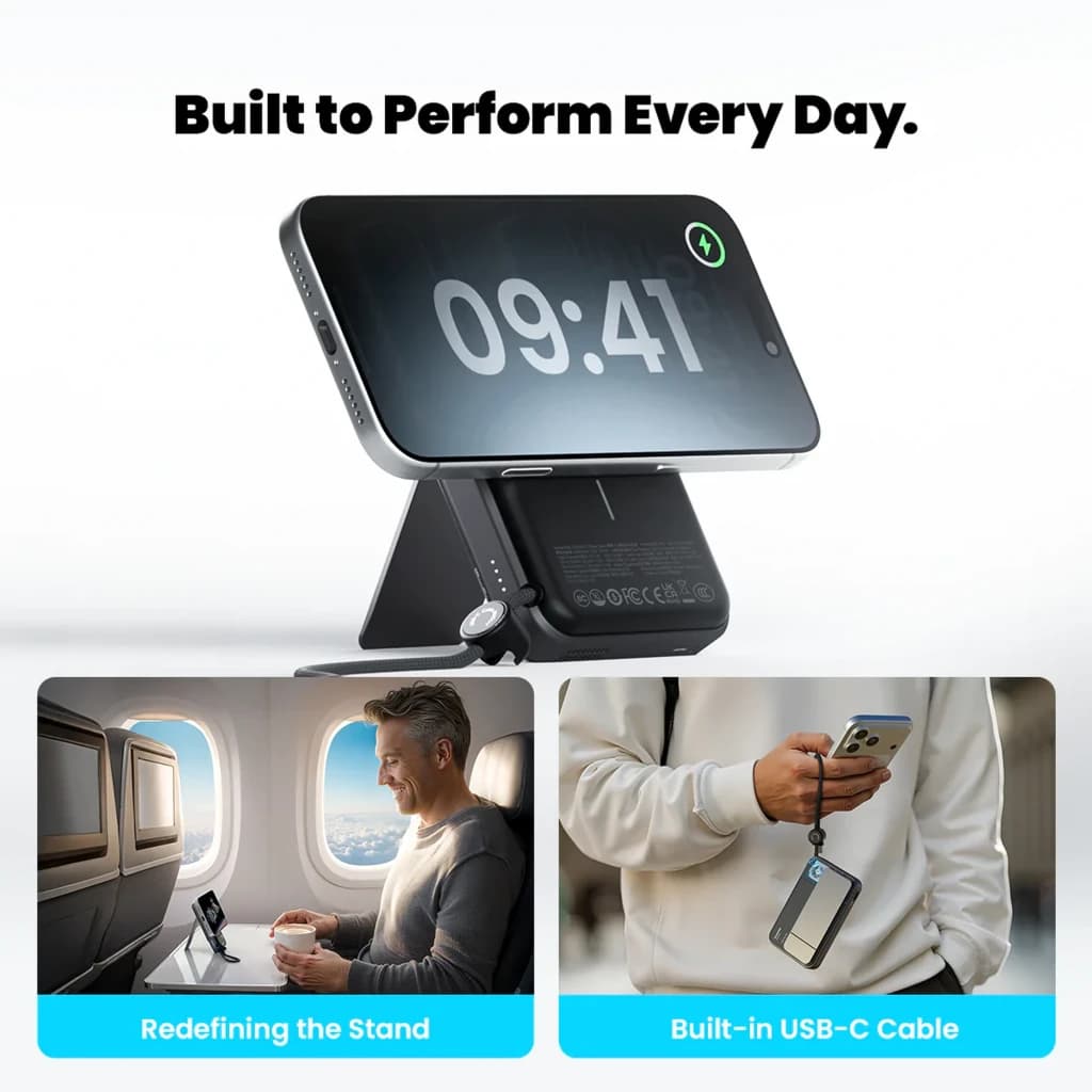 Sharge ICEMAG 3 Qi2 25W 10000mAh Blanco con soporte plegable, refrigeración activa, base magnética para iPhone y cable USB‑C integrado