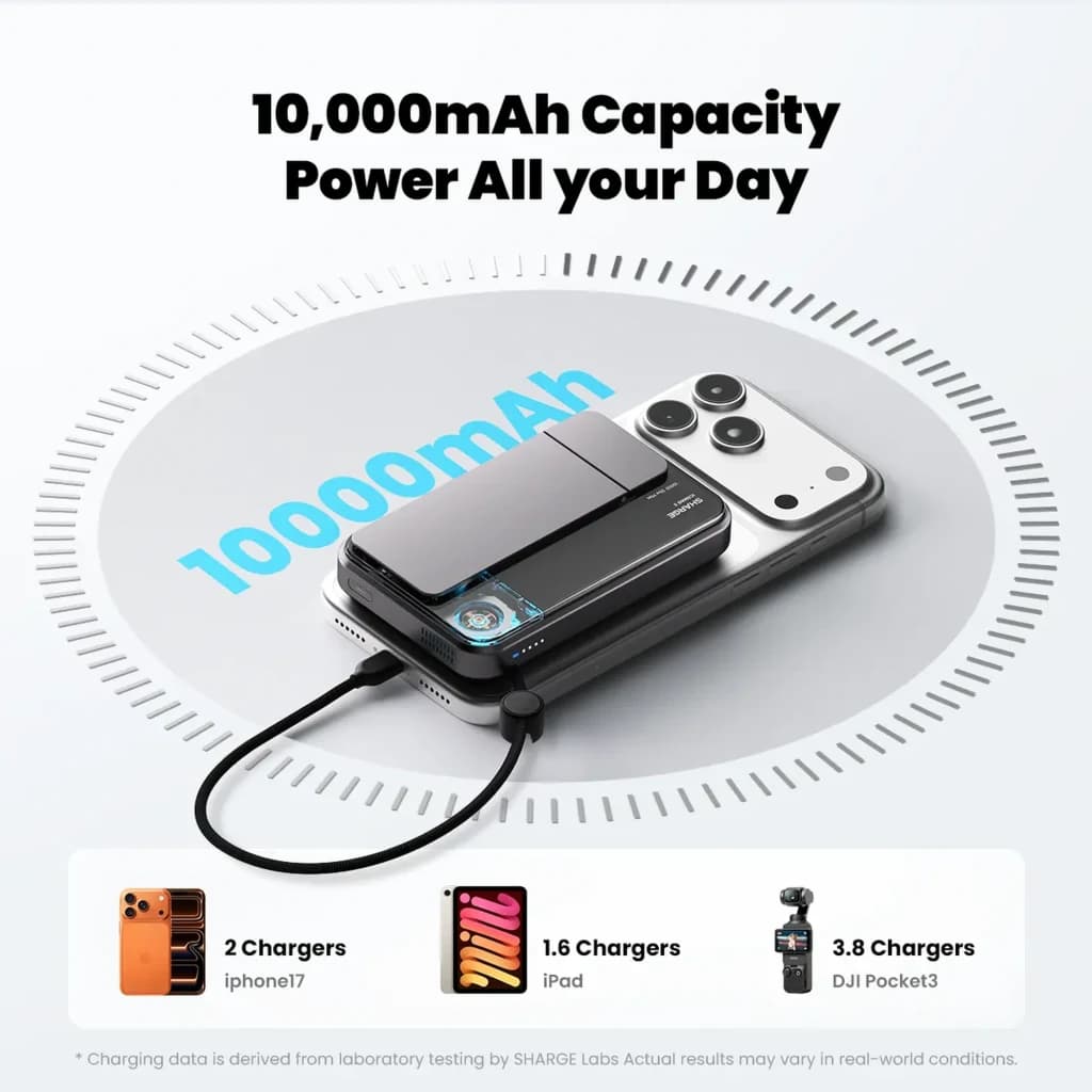 Power bank Sharge ICEMAG 3 Qi2 25W 10000mAh con ventilación activa, módulo magnético, display de estado, cable corto integrado y diseño compacto en negro