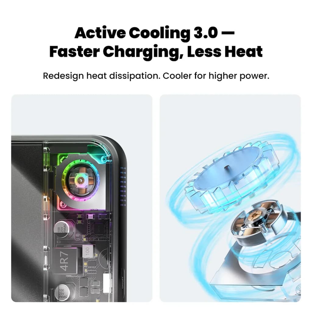 Sharge ICEMAG 3 Qi2 25W 10000mAh en blanco con ventilador activo visible, disipación de calor mejorada y diseño transparente que muestra componentes internos