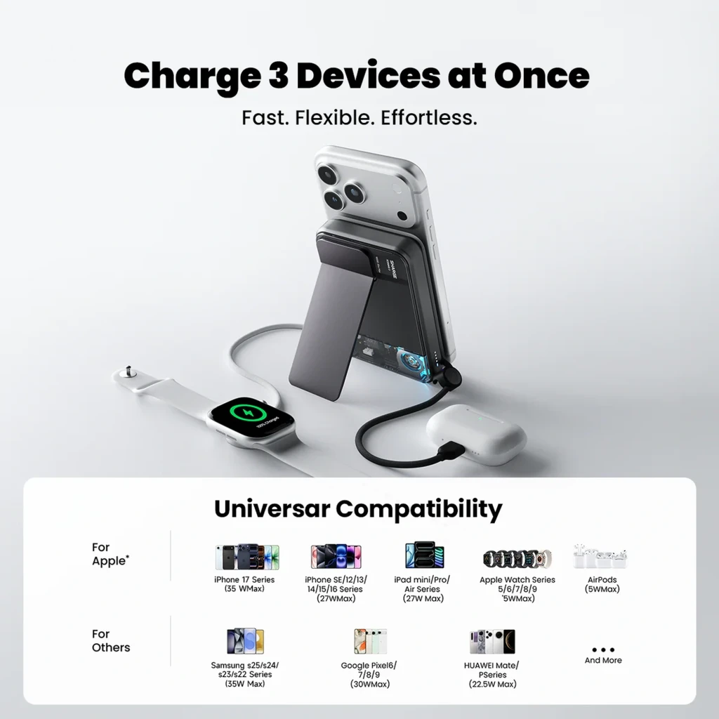 Sharge ICEMAG 3 Qi2 25 W 10 000 mAh com resfriamento ativo, corpo magnético preto, visor transparente do cooler, LEDs de status e alça de pulso elegante - Item9