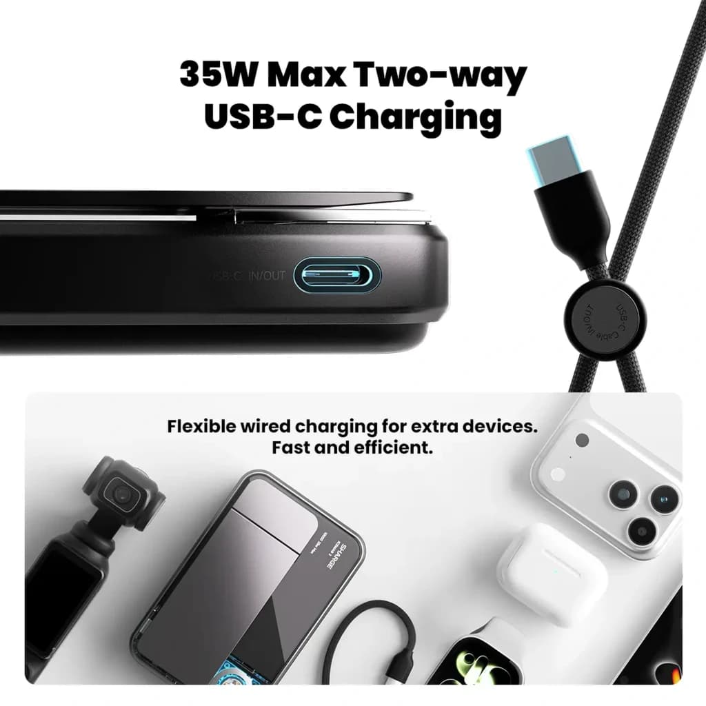 Power bank blanco Sharge ICEMAG 3 Qi2 25W 10000mAh con puerto USB-C azul, carga bidireccional 35W, cable trenzado y compatibilidad con móviles y cámaras