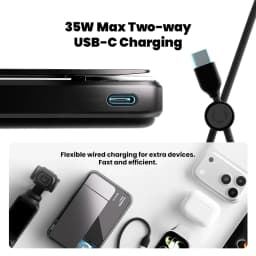 Power bank Sharge ICEMAG 3 negro con puerto USB‑C azul, cable trenzado USB‑C, carga bidireccional 35W y superficie magnética para iPhone y accesorios