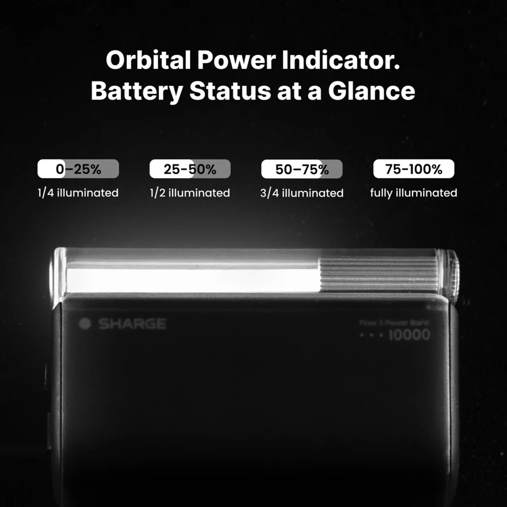SHARGE Flow 3 45 W 10000 mAh com cabo USB-C integrado, corpo preto translúcido, display lateral de LED, laço de transporte e porta USB-C frontal - Item7
