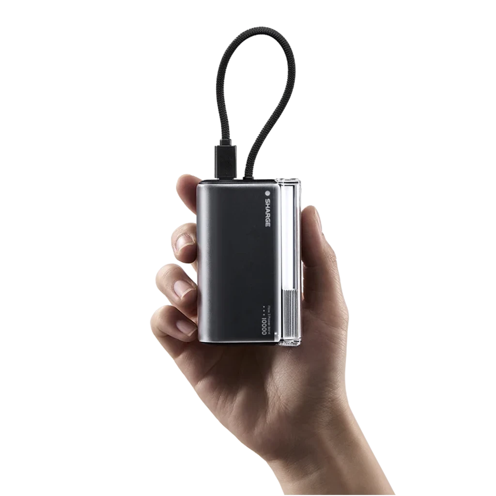 SHARGE Flow 3 45 W 10000 mAh com cabo USB-C integrado, corpo preto translúcido, display lateral de LED, laço de transporte e porta USB-C frontal - Item3