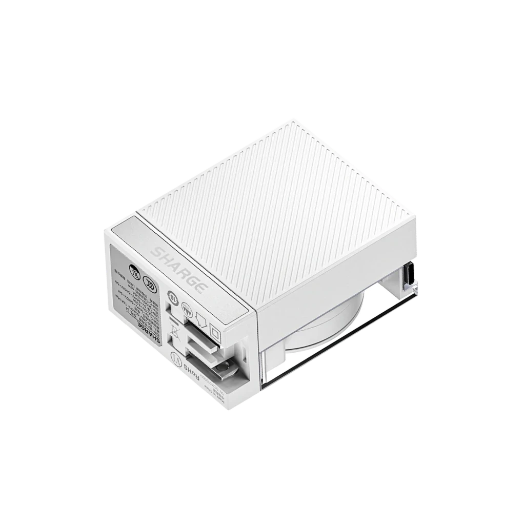 Carregador SHARGE Retrátil 65 W GaN, branco, com cabo integrado enrolado, dupla porta PD 3.0, plugue europeu e design cúbico transparente que revela o - Item2