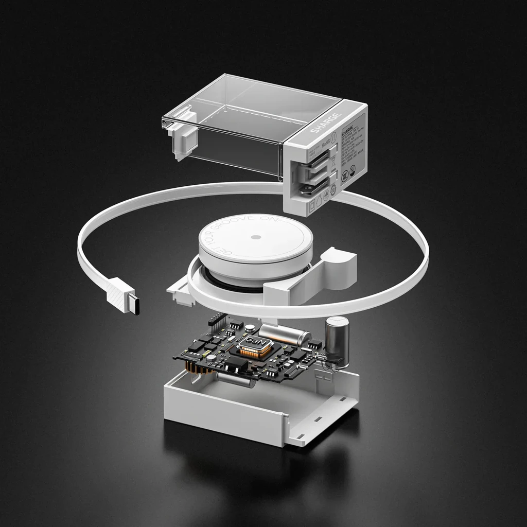 Carregador SHARGE Retrátil 65 W GaN, branco, com cabo integrado enrolado, dupla porta PD 3.0, plugue europeu e design cúbico transparente que revela o - Item3