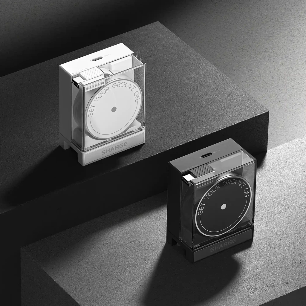 Carregador SHARGE Retrátil 65 W GaN, branco, com cabo integrado enrolado, dupla porta PD 3.0, plugue europeu e design cúbico transparente que revela o - Item4