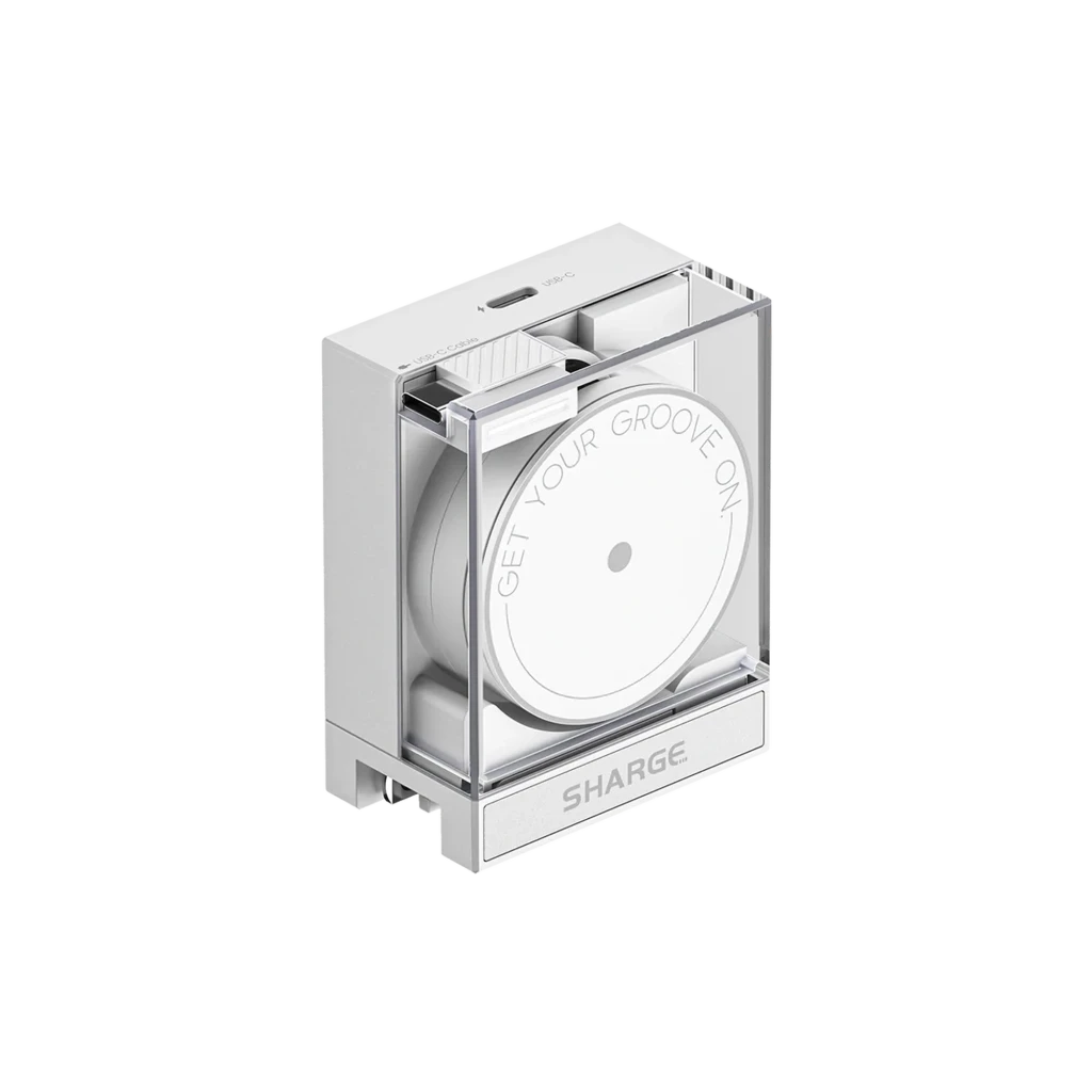 Carregador SHARGE Retrátil 65 W GaN, branco, com cabo integrado enrolado, dupla porta PD 3.0, plugue europeu e design cúbico transparente que revela o - Item1