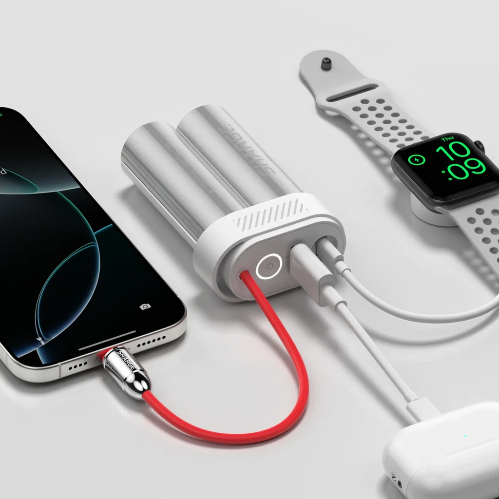 Power bank compacto prateado SHARGE 10000 mAh, 30 W, corpo cilíndrico duplo, cabo USB-C vermelho integrado, porta USB-A e botões no topo, design portátil - Item4