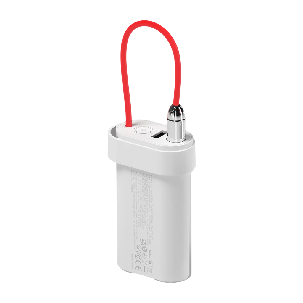 Power bank compacto prateado SHARGE 10000 mAh, 30 W, corpo cilíndrico duplo, cabo USB-C vermelho integrado, porta USB-A e botões no topo, design portátil - Item1