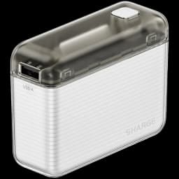 SHARGE Flow 20W 10000 mAh Transparente – power bank compacto con carcasa translúcida, puerto USB-A visible y acabado estriado blanco con logo SHARGE