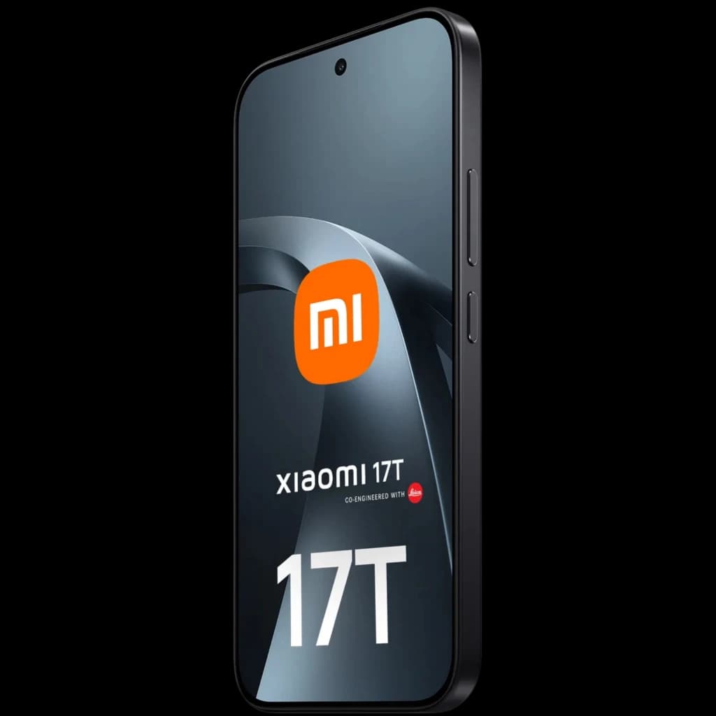 Smartphone Xiaomi 17T 5G negro con pantalla OLED 6,59 pulgadas 120 Hz, cámara frontal en orificio central, bordes delgados y botones laterales de volumen y