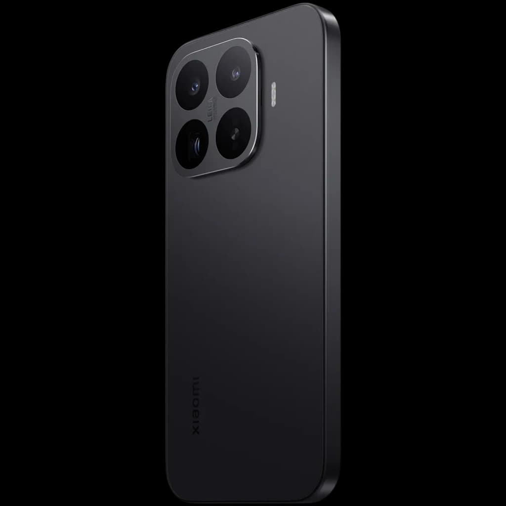 Smartphone negro con bordes rectos, módulo trasero cuadrado con cuatro lentes grandes y acabado mate elegante, diseño premium y minimalista