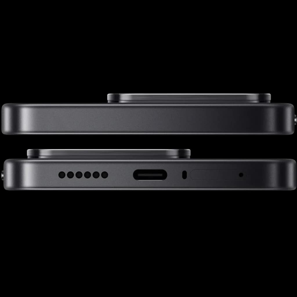 Bordes en color negro con acabado mate, puerto USB-C centrado, rejilla de altavoz y bandeja SIM. Módulo de cámara trasera sobresaliente y perfil delgado.
