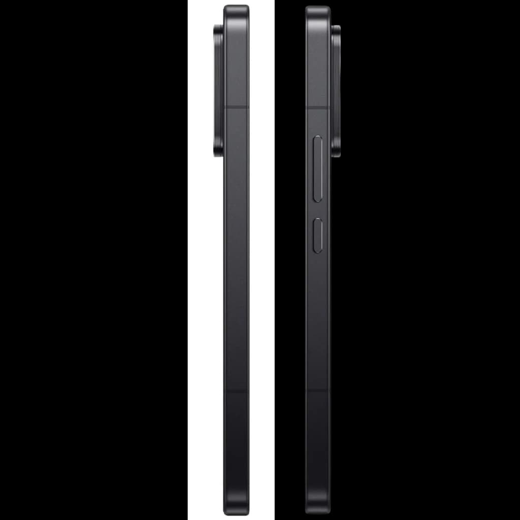 Perfil lateral del Xiaomi 17T Pro 5G negro con marco metálico recto, botones de volumen y encendido, y módulo de cámara trasera prominente y cuadrado