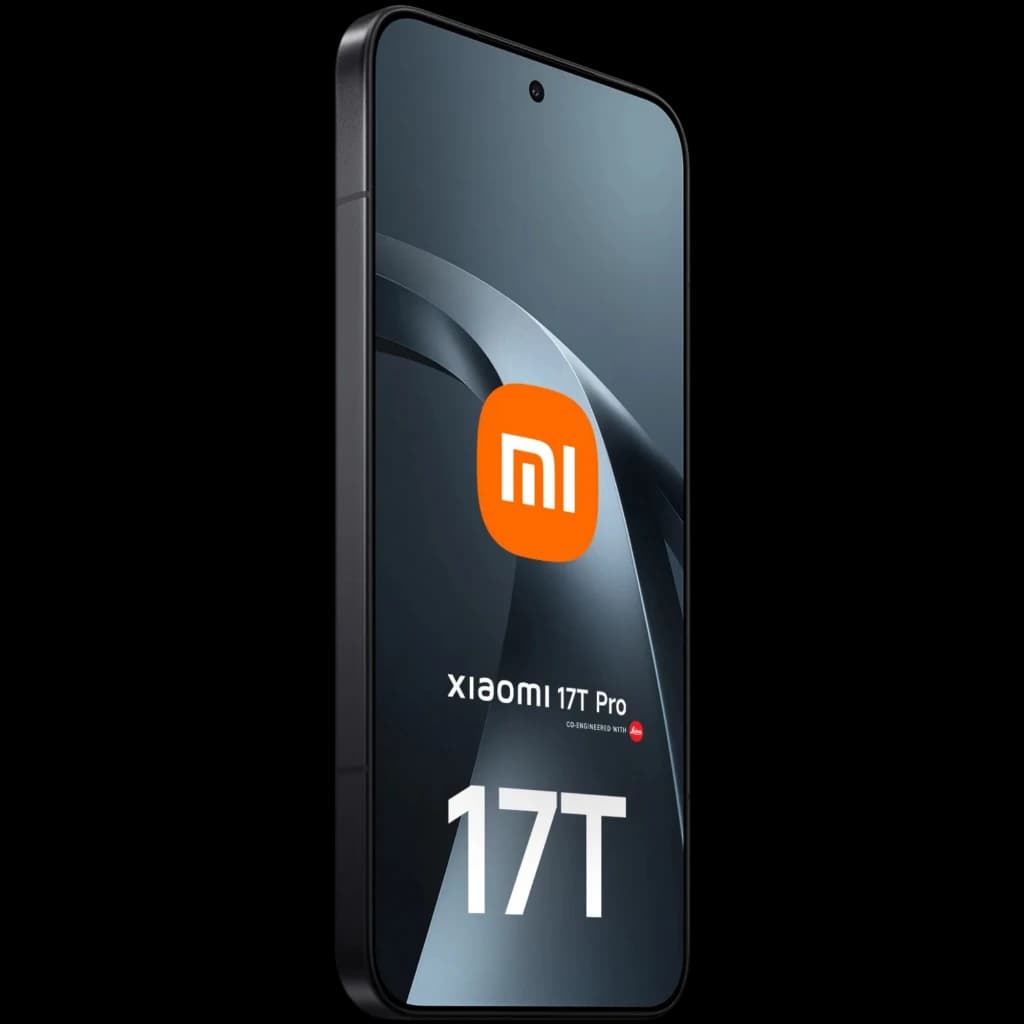 Xiaomi 17T Pro 5G negro con pantalla amplia casi sin bordes, cámara frontal en orificio central, marco metálico y diseño elegante en tonos gris oscuro