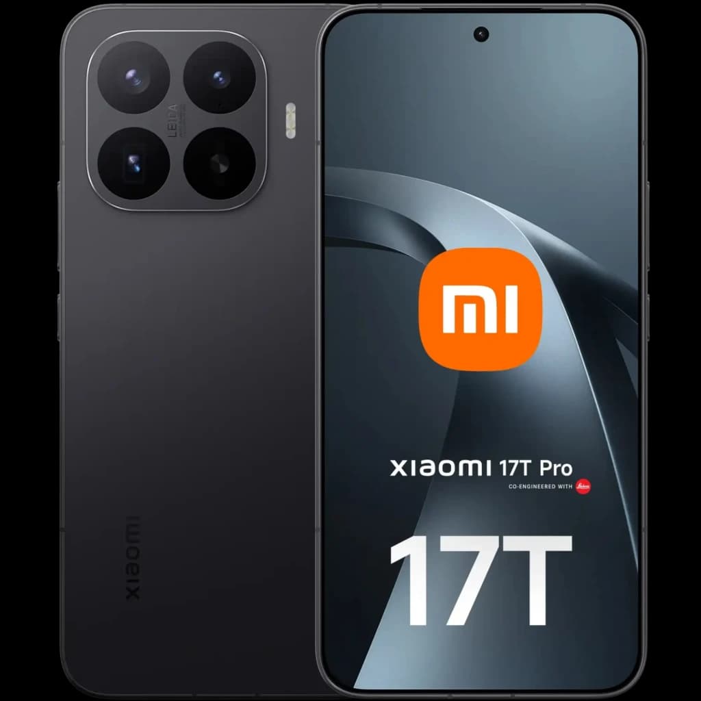 Xiaomi 17T Pro 5G negro con pantalla casi sin bordes y cámara trasera cuádruple en módulo cuadrado Leica; acabado mate y frontal con perforación central