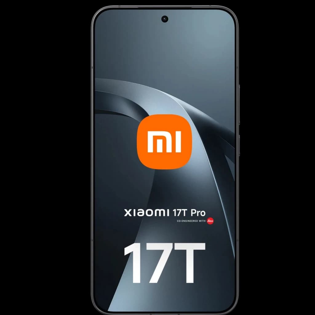 Xiaomi 17T Pro 5G negro con pantalla completa de bordes delgados, cámara frontal en agujero centrado y logo MI destacado en el display