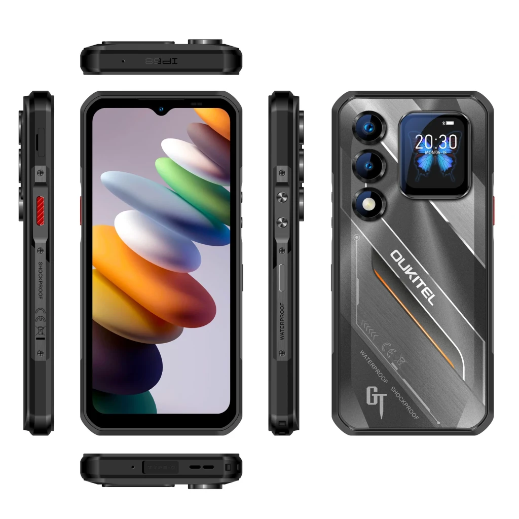 Oukitel WP66 5G preto robusto com corpo rugged, três câmeras traseiras destacadas, tela grande sem bordas finas e detalhes GT, resistente à água e impactos - Item1