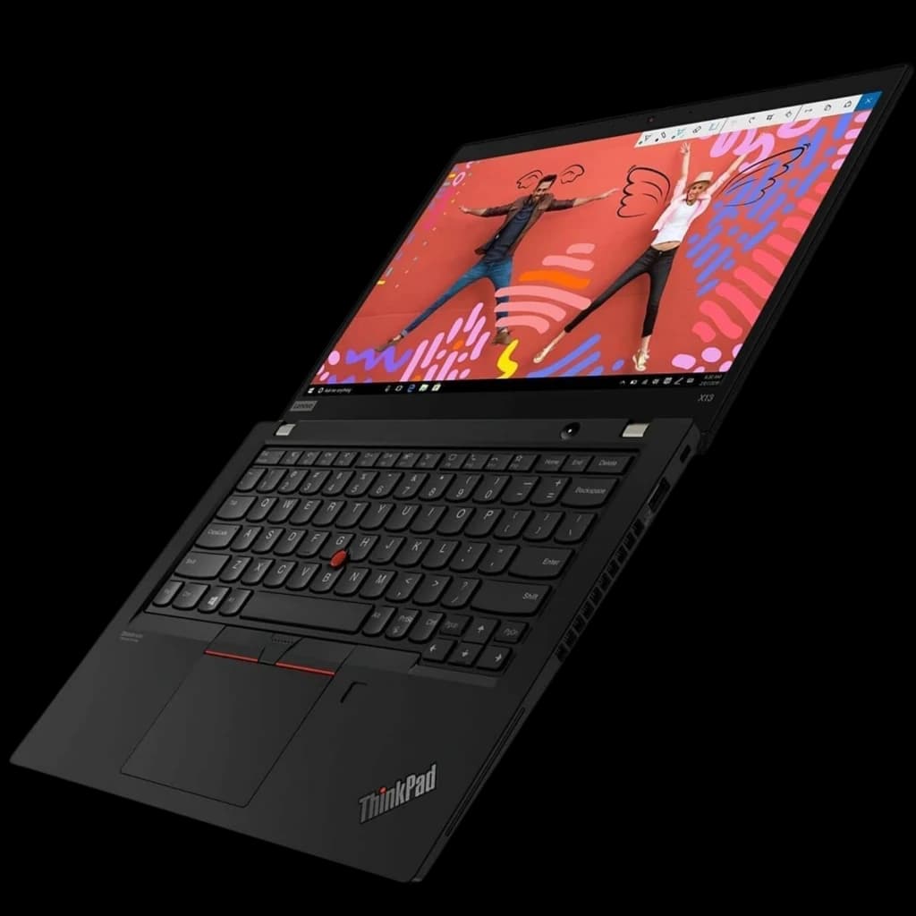 Lenovo ThinkPad X13 Gen 1 ouvert, écran 13,3 pouces affichage vif, clavier noir avec TrackPoint rouge, châssis fin noir, charnière à grand angle