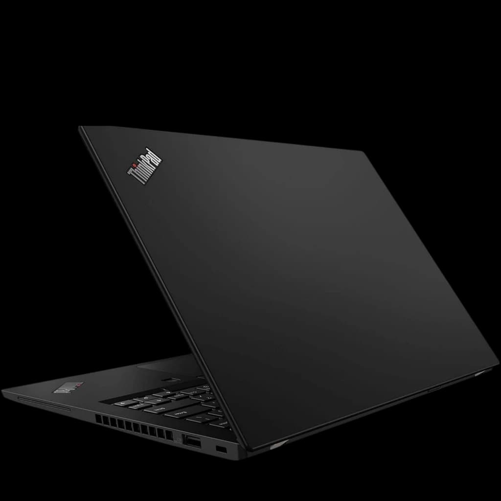 Ultrabook noir mat fin et léger, capot ThinkPad semi-ouvert avec logo rouge, châssis angulaire, ports latéraux visibles, design professionnel épuré