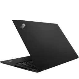 Ultrabook noir mat fin et léger, capot ThinkPad semi-ouvert avec logo rouge, châssis angulaire, ports latéraux visibles, design professionnel épuré