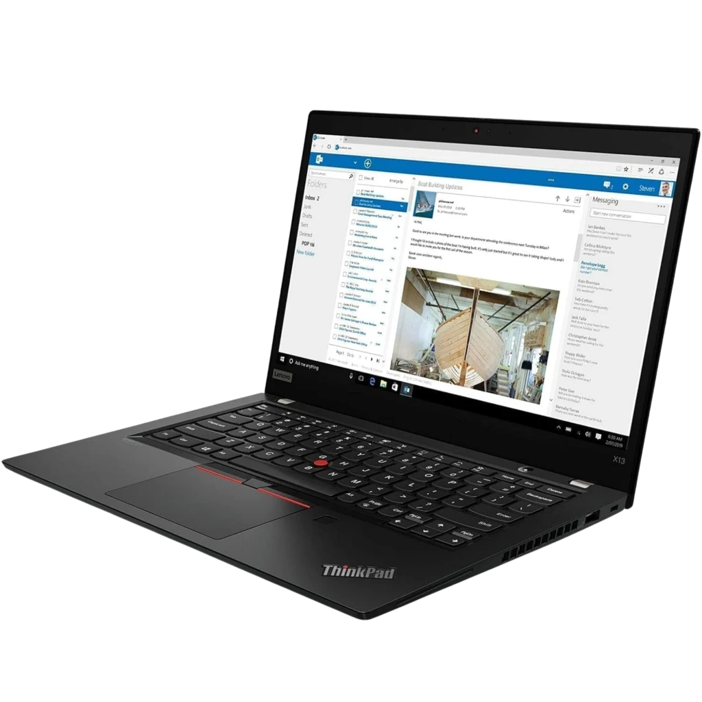 Portátil Lenovo ThinkPad X13 Gen 1 negro, 13.3 pulgadas, teclado retroiluminado con TrackPoint rojo, diseño delgado, pantalla abierta mostrando apps de - Ítem1