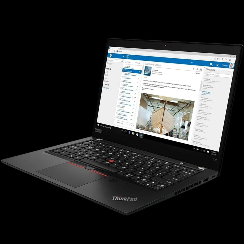 Ultrabook noir fin avec écran 13,3 pouces bord fin, clavier rétroéclairé avec TrackPoint rouge, pavé tactile large, logo ThinkPad X13 visible sur le