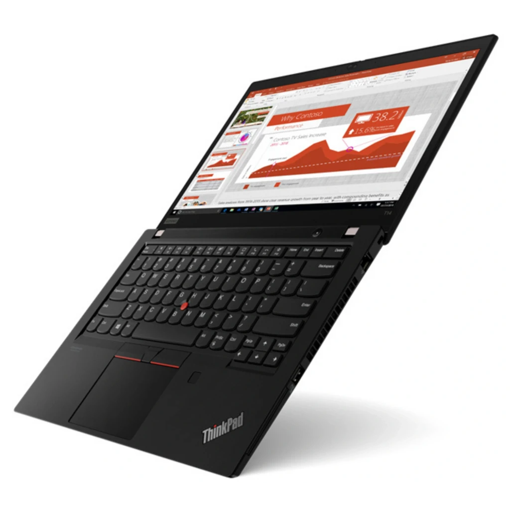 Lenovo Thinkpad T14 Gen 1 14 pulgadas, portátil negro con teclado clásico ThinkPad y TrackPoint rojo, pantalla encendida con ventanas y fondo geométrico - Ítem1