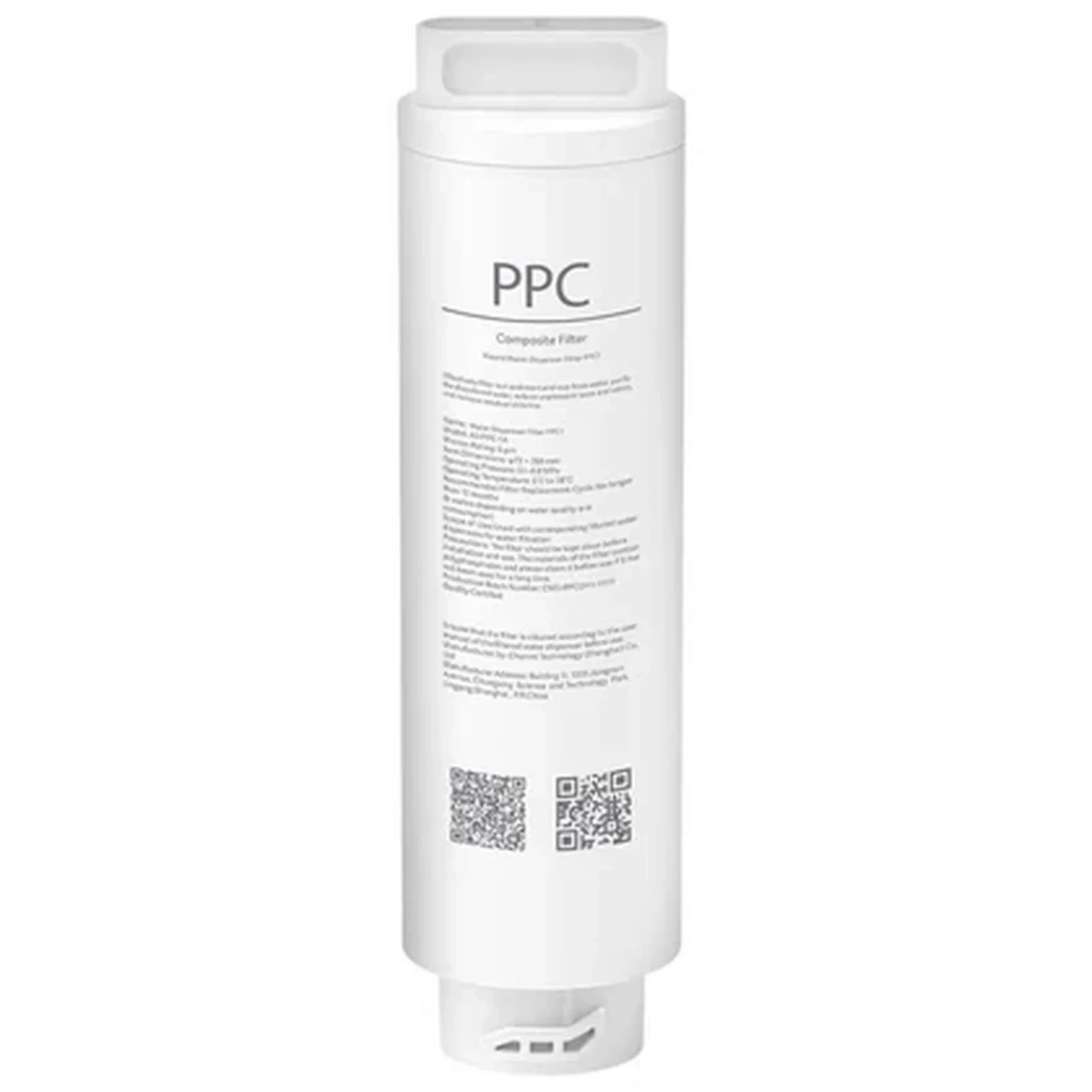 Filtro para o dispensador de água filtrada inteligente da Xiaomi PPC1 cilíndrico branco, etiqueta PPC visível, QR code na base e encaixe superior retangular - Item