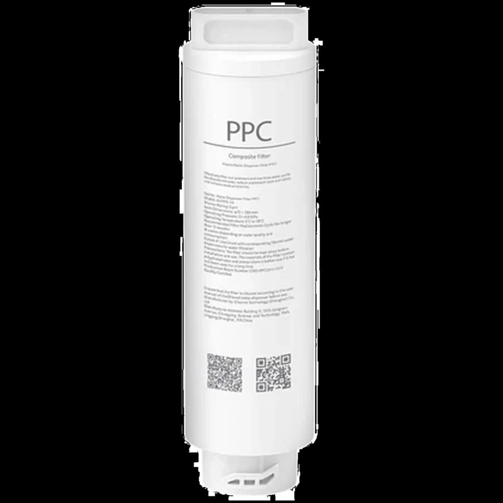 Cartucho cilíndrico blanco PPC1 con texto impreso, boquilla inferior con encaje y asa superior. Compatible con dispensador de agua filtrada inteligente Xiaomi