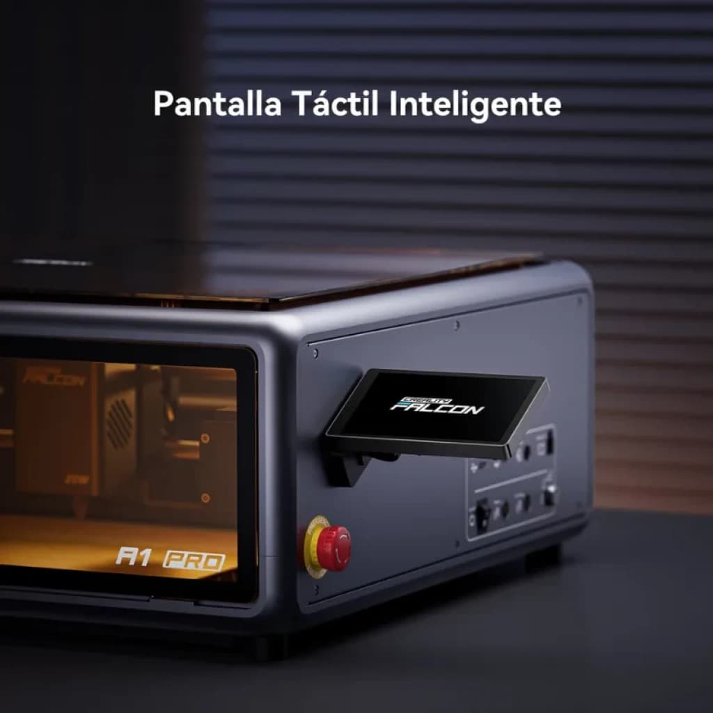 Creality Falcon A1 Pro 20 W avec caméra intégrée, boîtier métallique, écran tactile latéral, bouton d’arrêt d’urgence et fenêtre de visualisation