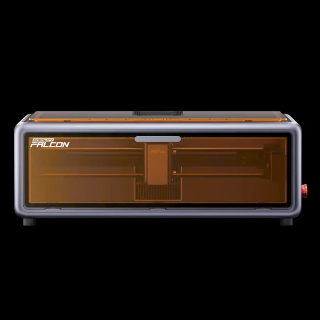 Creality Falcon A1 10W com câmara integrada, tampa protetora âmbar, estrutura metálica, botão lateral vermelho e visor frontal