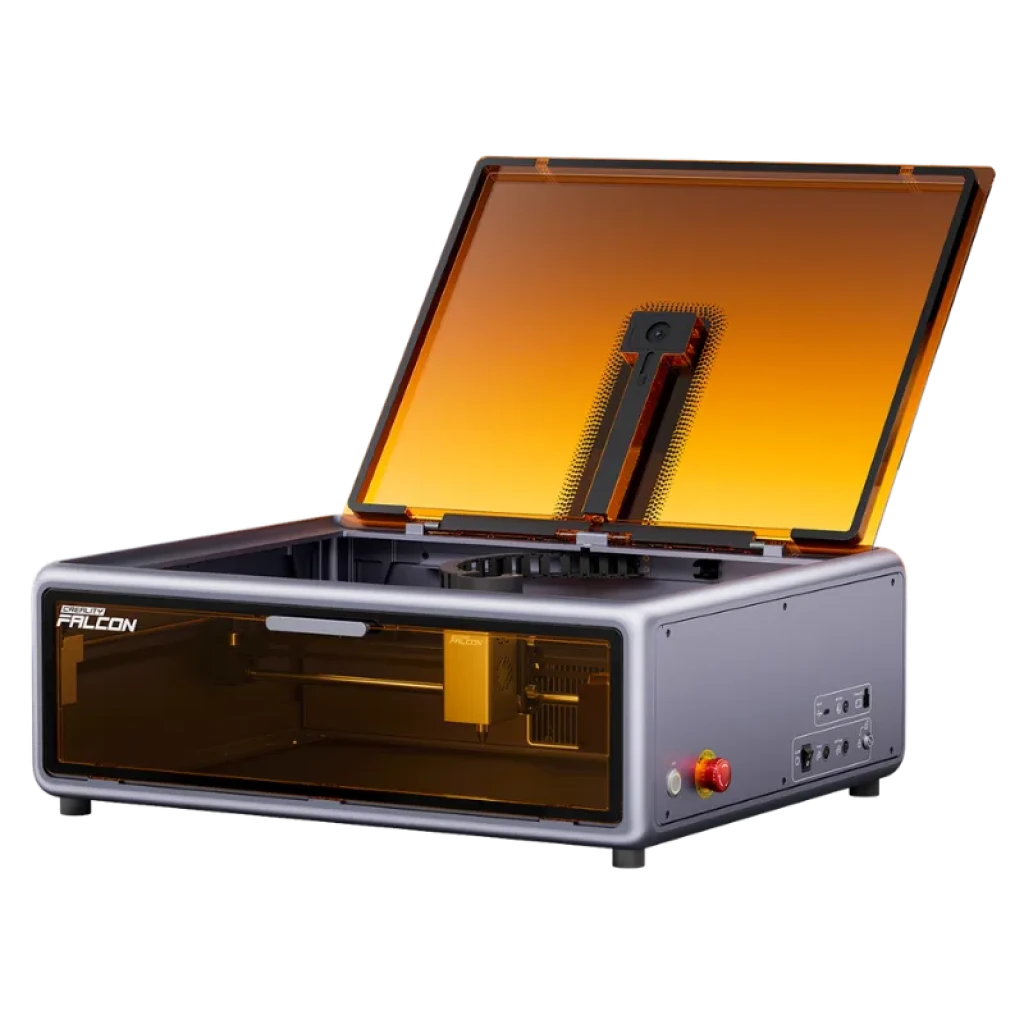 Creality Falcon A1 10W con cámara integrada, cubierta protectora ámbar, chasis metálico, botón lateral rojo y visor frontal - Ítem1