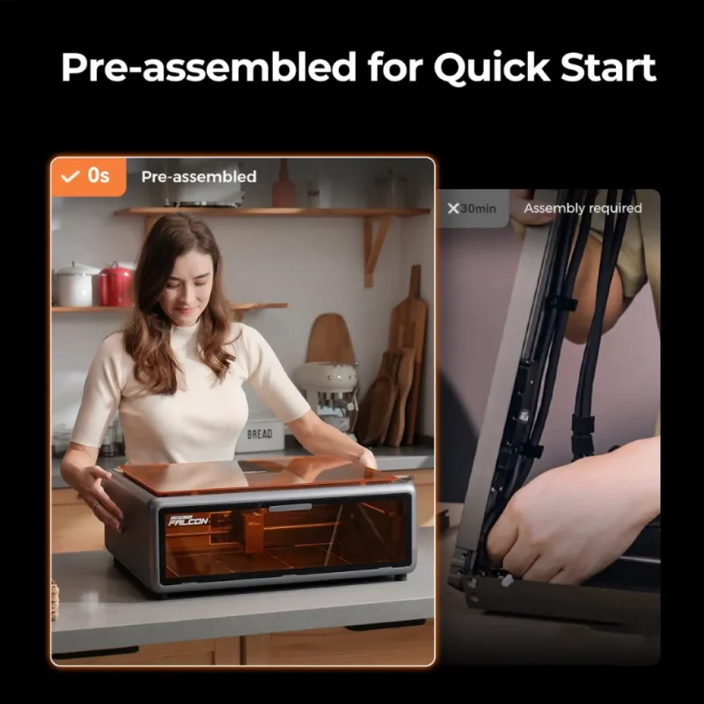 Creality Falcon A1 10W con cámara integrada, cubierta protectora ámbar, chasis metálico, botón lateral rojo y visor frontal - Ítem3