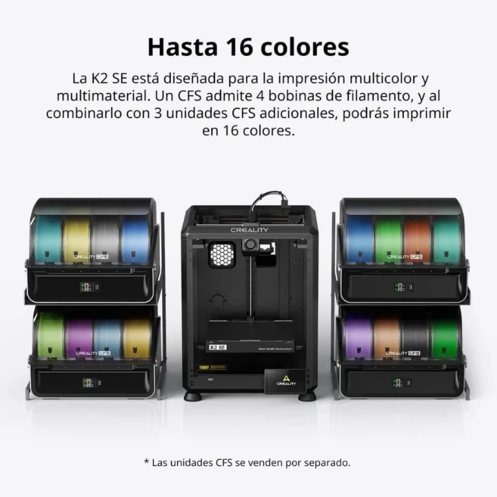 Imprimante 3D Creality K2 SE avec modules CFS affichant 16 couleurs de filament, quatre boîtiers latéraux de bobines et châssis central compact noir